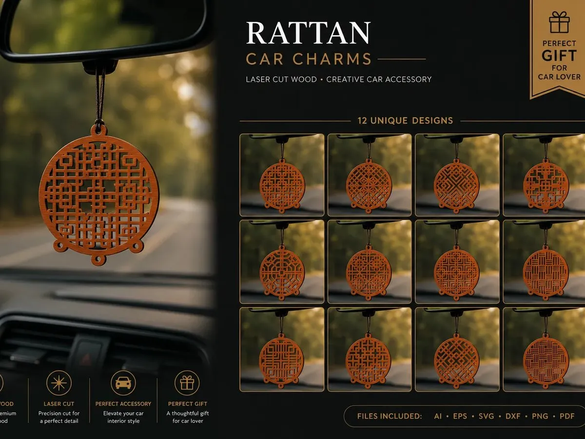 [Laser cut and engrave] Rattan Car Charms laser Cut 12 Designs