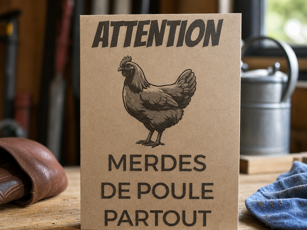 Panneau humoristique "Attention merdes de poule partout" avec illustration de poule