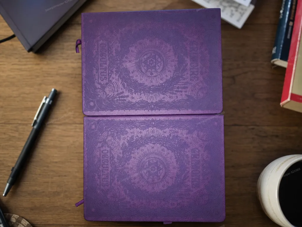 Purple Occult Grimoire Journal with Intricate Embossed Details A4