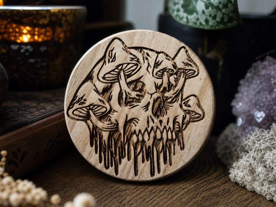 Round Wooden Coaster Featuring Mushroom and Skull Illustration