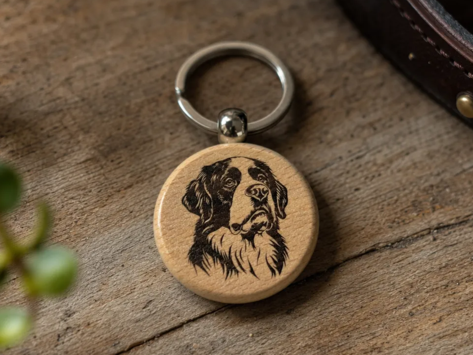 Saint Bernard Dog Portrait Wooden Keychain