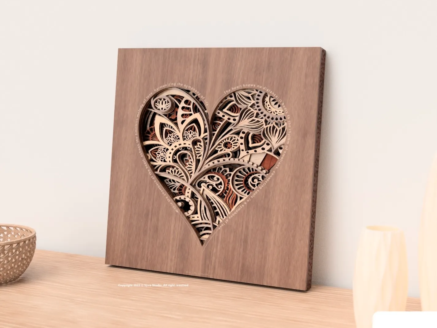 Layered Wooden Heart Wall Art with Intricate Floral Mandala Patterns