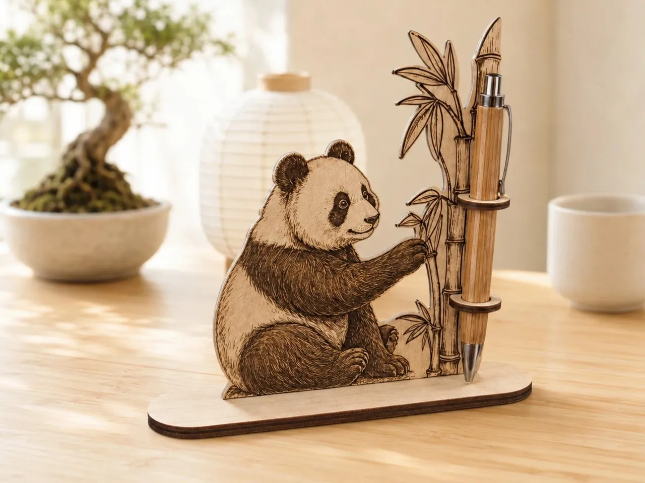 [Laser cut and engrave] Porte-stylo en bois avec motif de panda et bambou