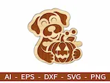 [Laser cut and engrave] Wooden Dog Holding a Jack-o'-lantern Pumpkin Halloween Wall Hanging