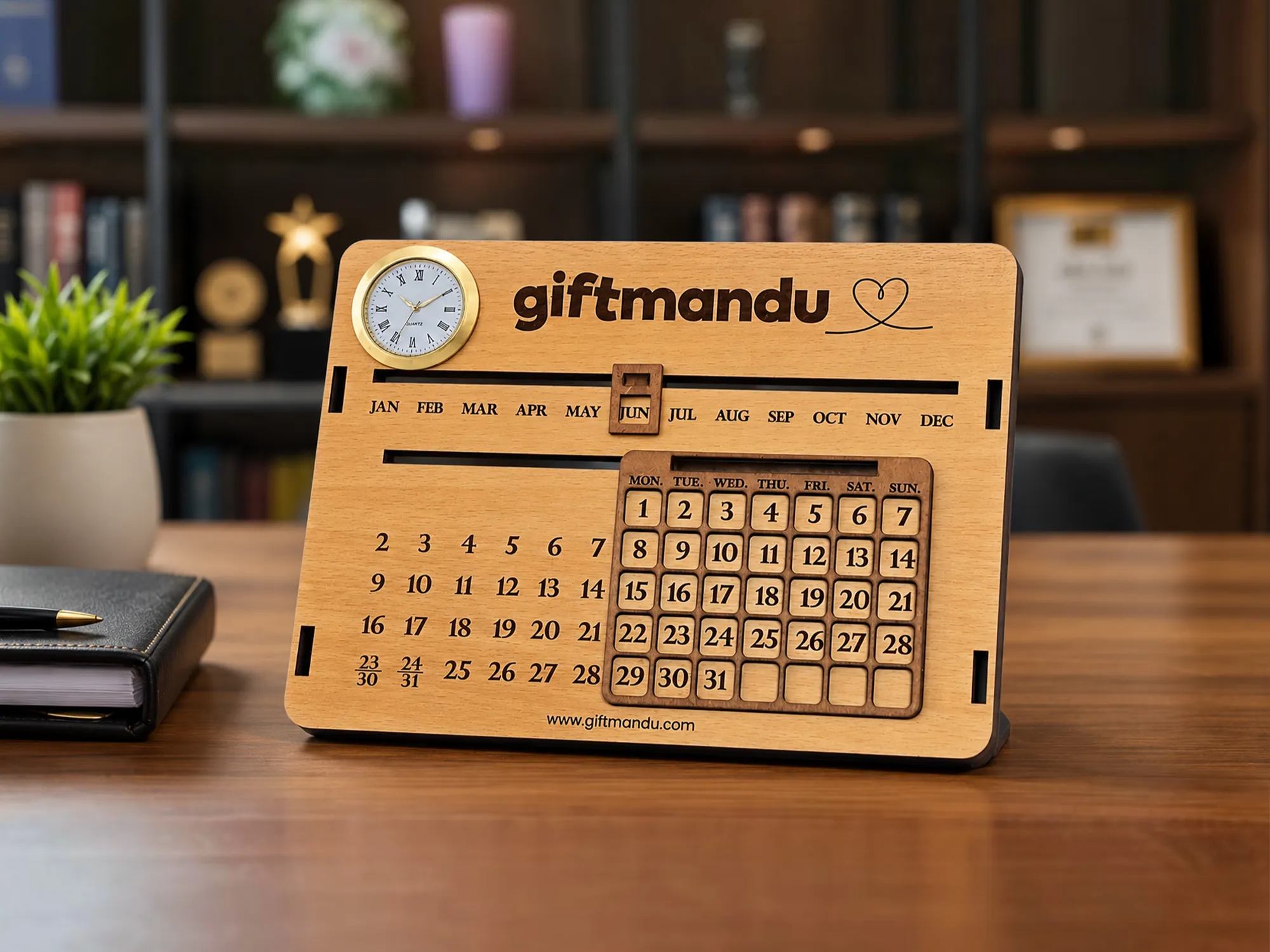12 month 3mm wooden calendar with watch