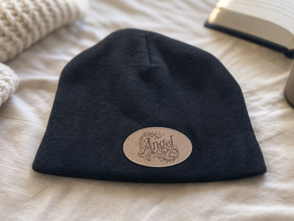 Black Beanie with Oval Angel Leather Patch