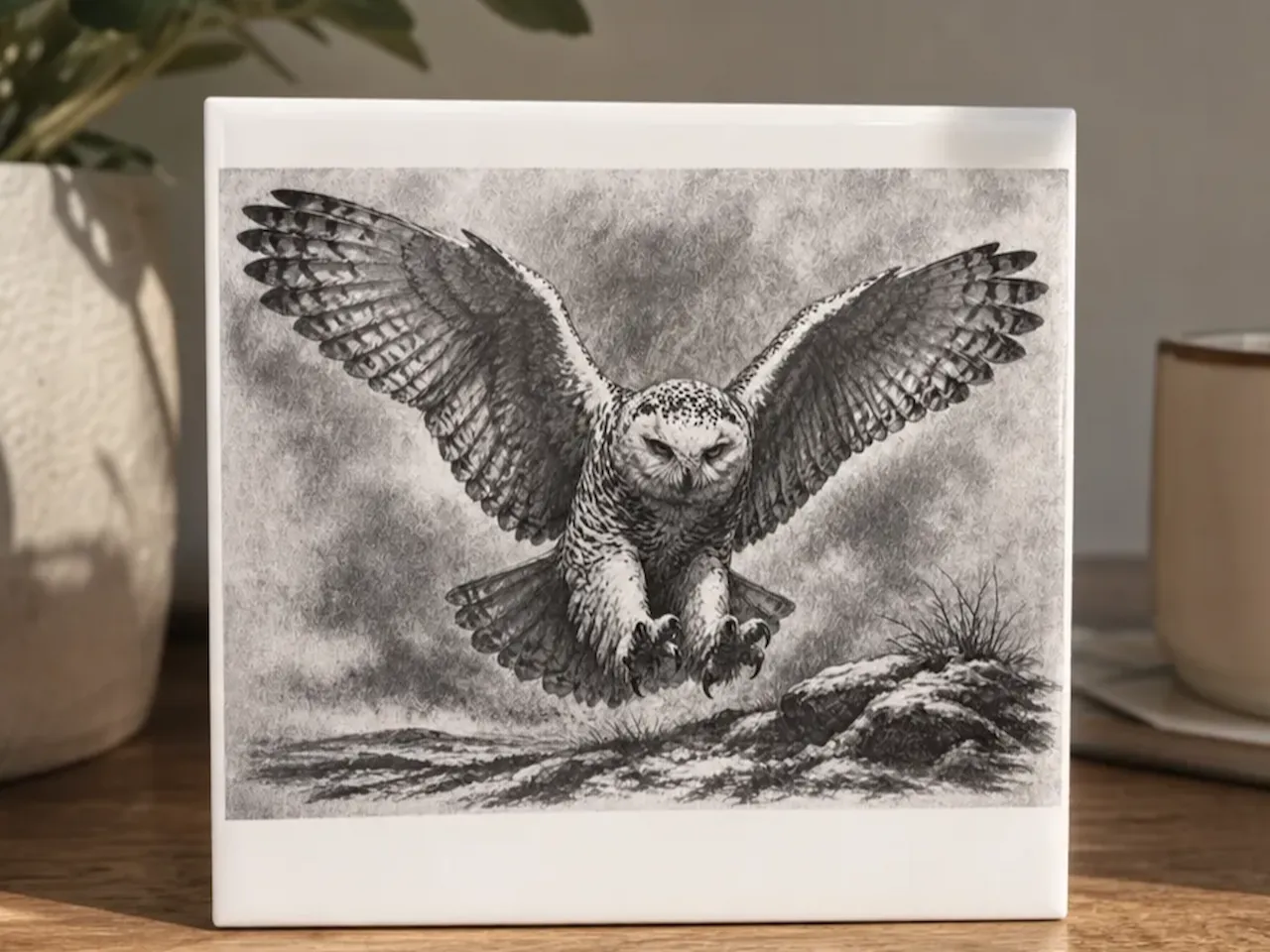 [Laser cut and engrave] Snowy Owl Flying Illustration Ceramic Tile
