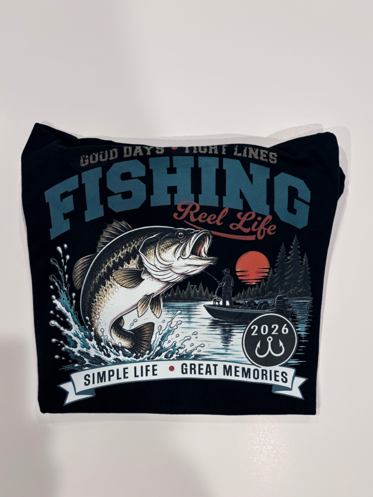 [DTF Printing] Fishing Reel Life Graphic T-Shirt with Bass and Lake Scene