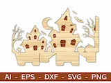 [Laser cut and engrave] Wooden Haunted House Tabletop Silhouette for Halloween Decor