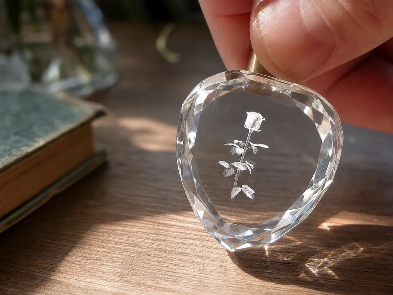 [Laser cut and engrave] Herzförmiger Kristallanhänger mit Rosenmotiv