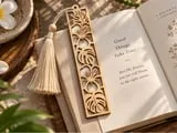 [Laser cut and engrave] Wooden Bookmark with Tropical Hibiscus and Monstera Leaf Cutout Design