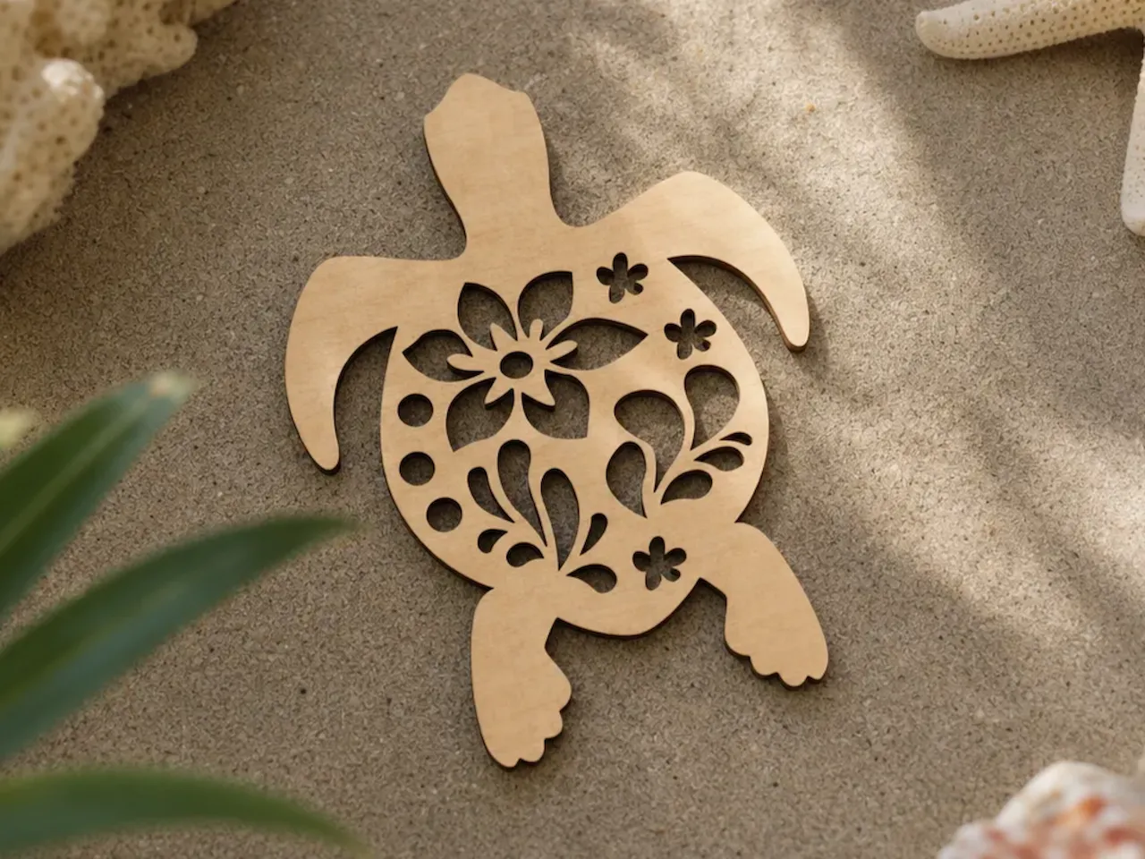 [Laser cut and engrave] Wooden Sea Turtle Cutout with Floral Pattern