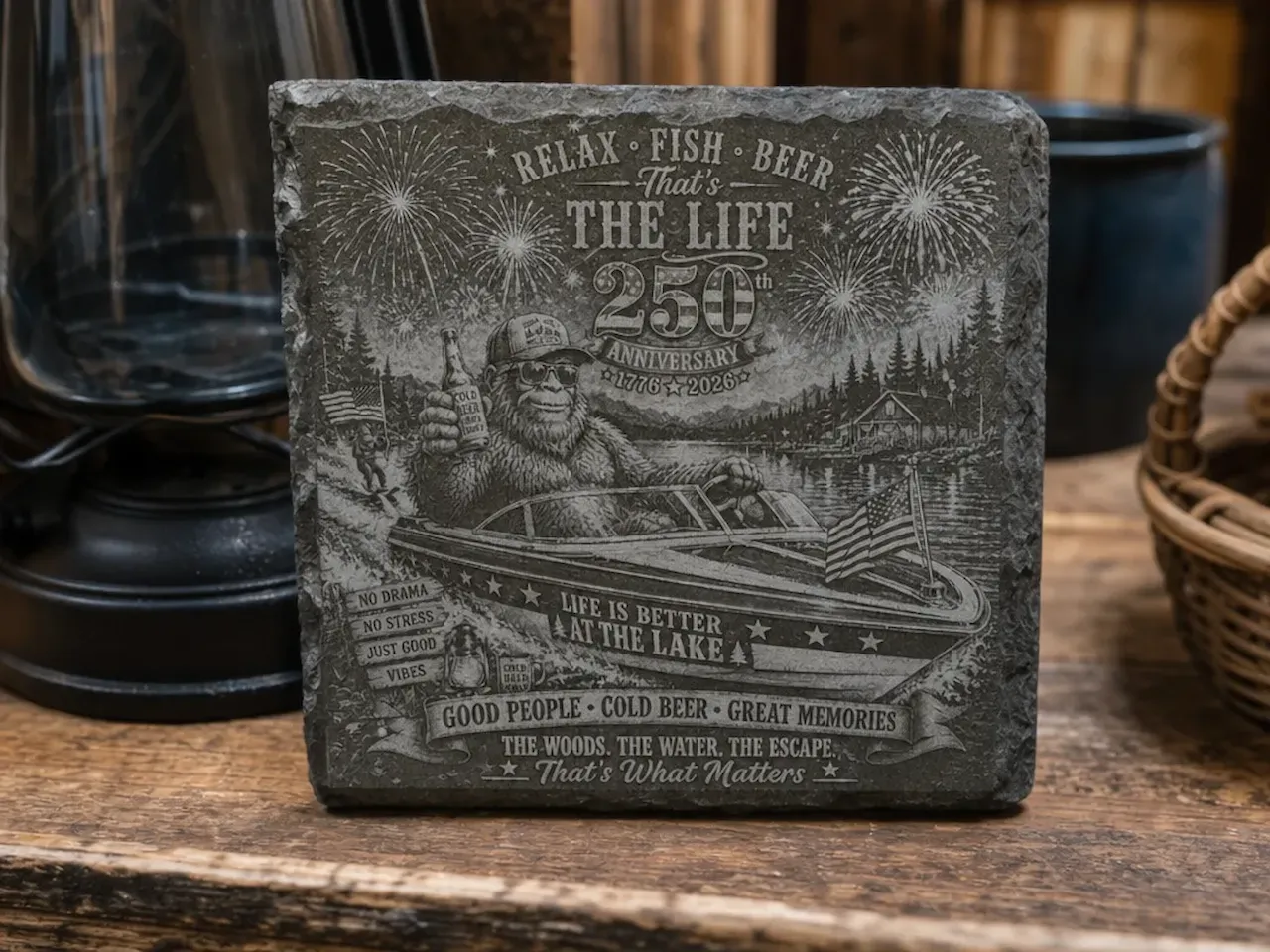 [Laser cut and engrave] Sasquatch Boating 250th Anniversary Slate Coaster