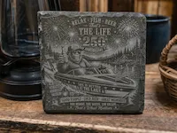 [Laser cut and engrave] Sasquatch Boating 250th Anniversary Slate Coaster