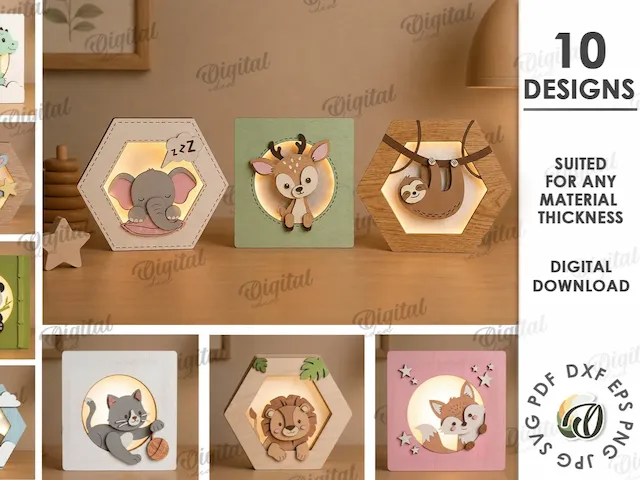 3D Kids Animal Night Lamps Bundle. Nursery LED Lamp Laser Cut Files. Children's Room Decoration SVG. Cute Animals. Nightlight. Baby Decor