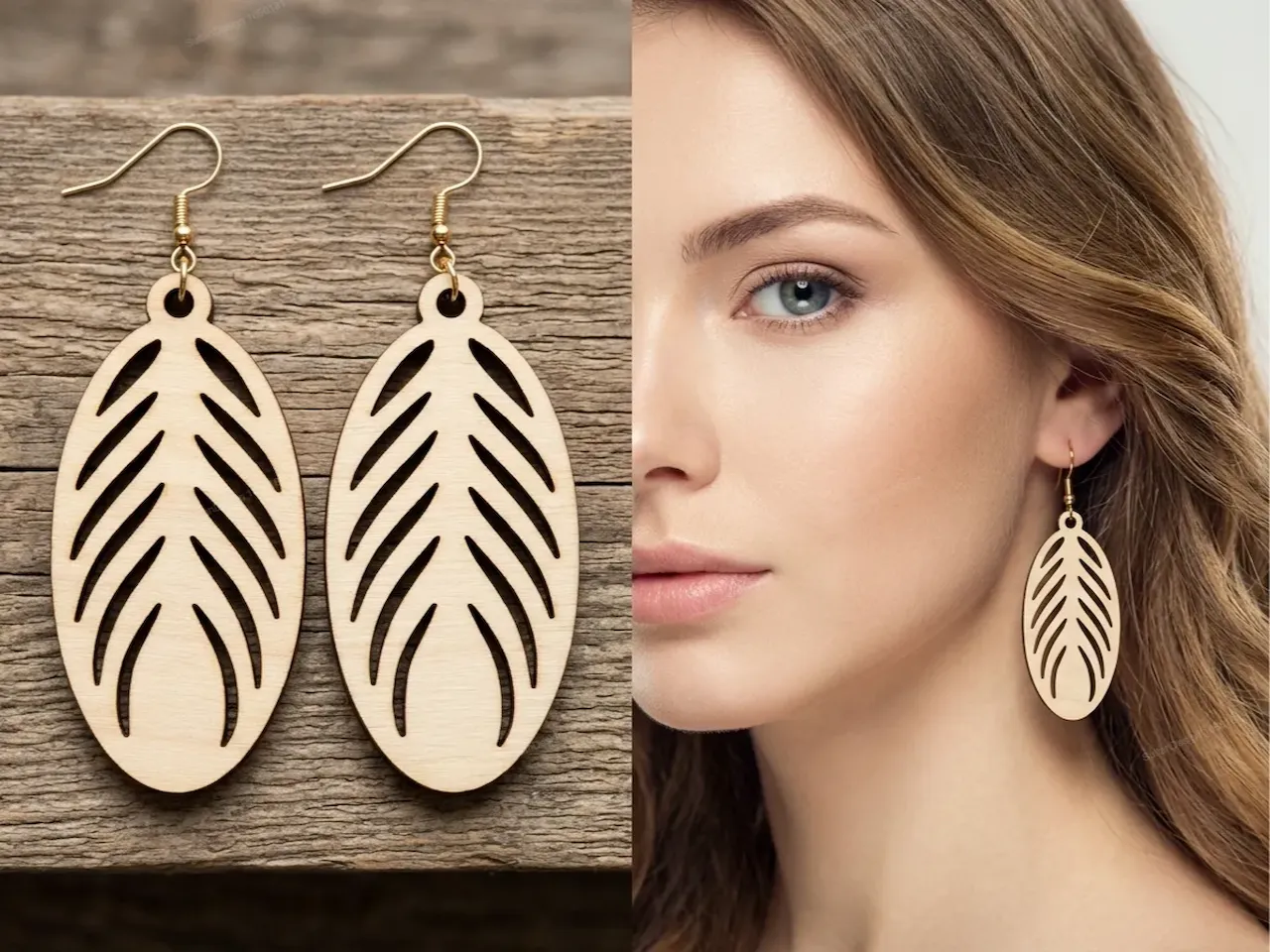 [Laser cut and engrave] Leaf Pattern Wooden Earrings