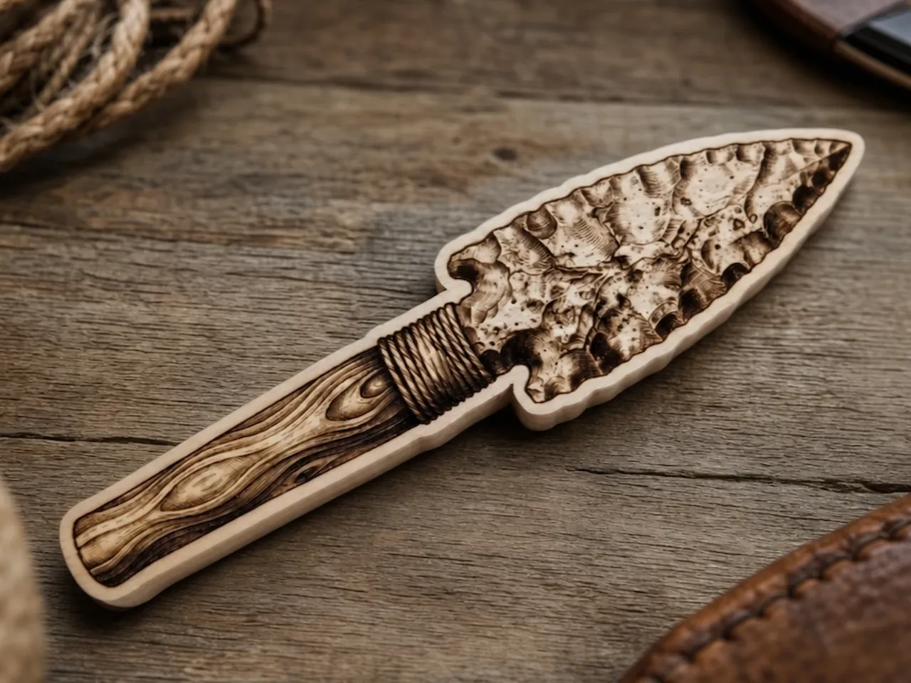 [Laser cut and engrave] Flint Knapped Style Spearhead with Wooden Handle