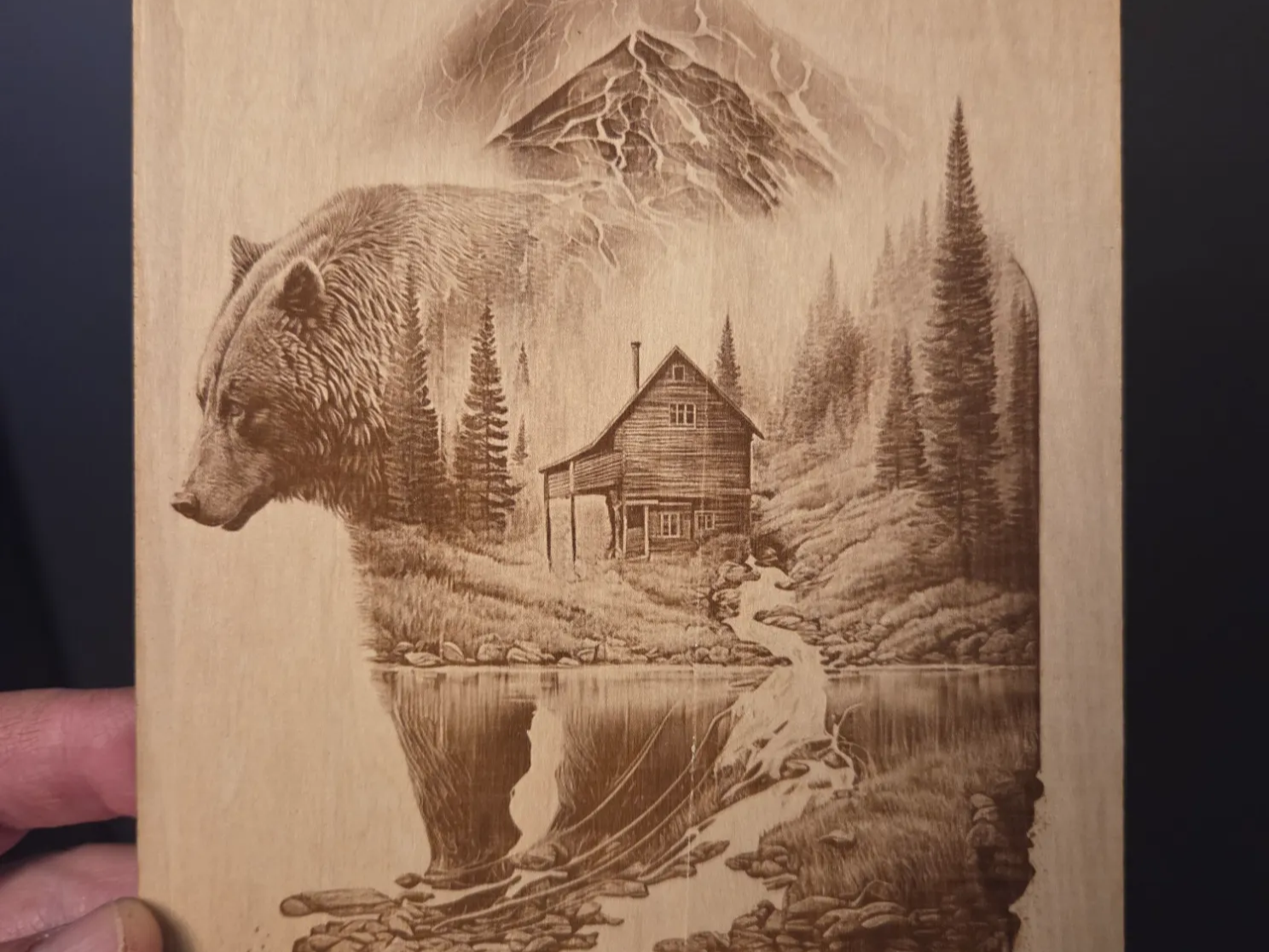 Wooden Wall Art Featuring a Bear Silhouette with Mountain Cabin Landscape