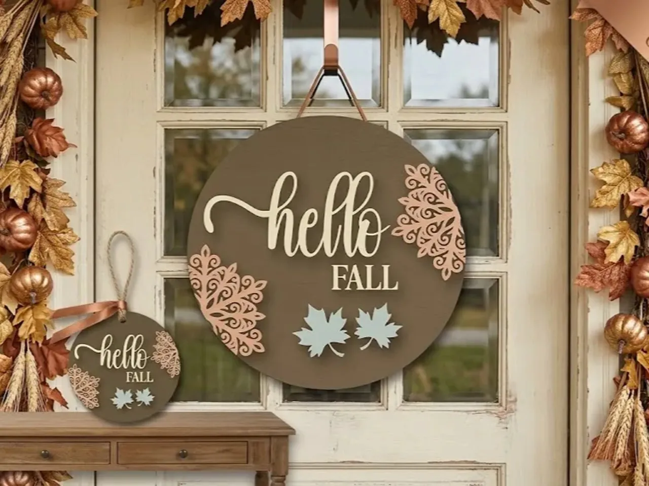 [Laser cut and engrave] Hello Fall Round Wooden Door Sign with Maple Leaf Accents