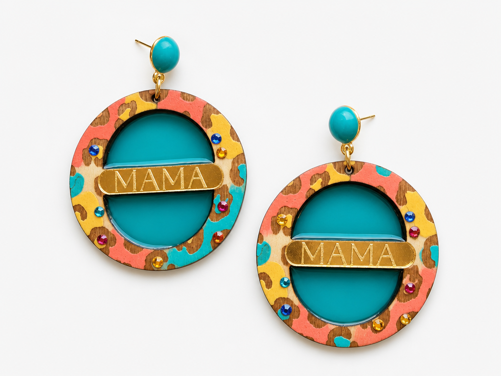 Mama Leopard Print Circle Dangle Earrings with Teal Accents