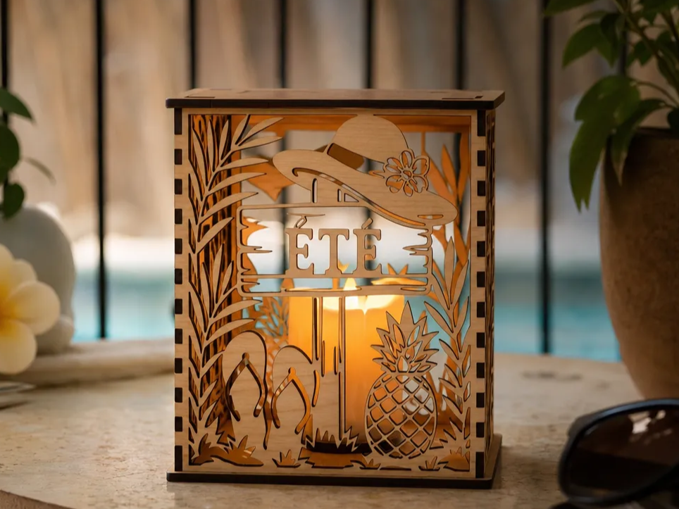 Wooden lantern with summer sun hat pineapple and flip flop cutouts glowing patio light idea