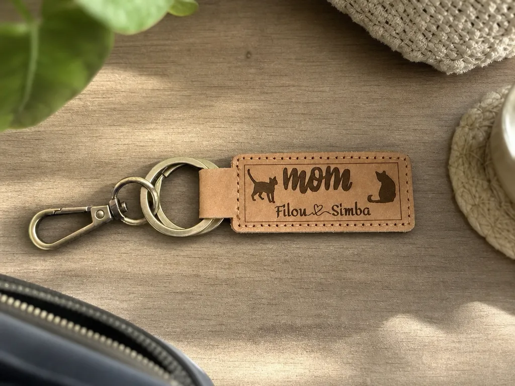 Personalisierter Schlüsselanhänger aus Leder mit Katzenmotiv für Katzenmamas