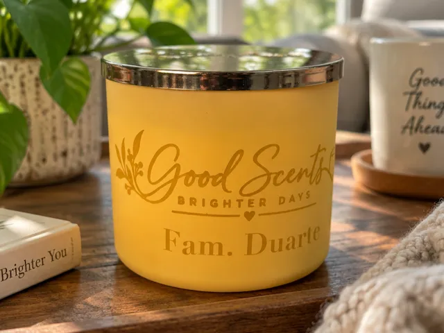 Yellow Good Scents Brighter Days Scented Candle with Family Name Label