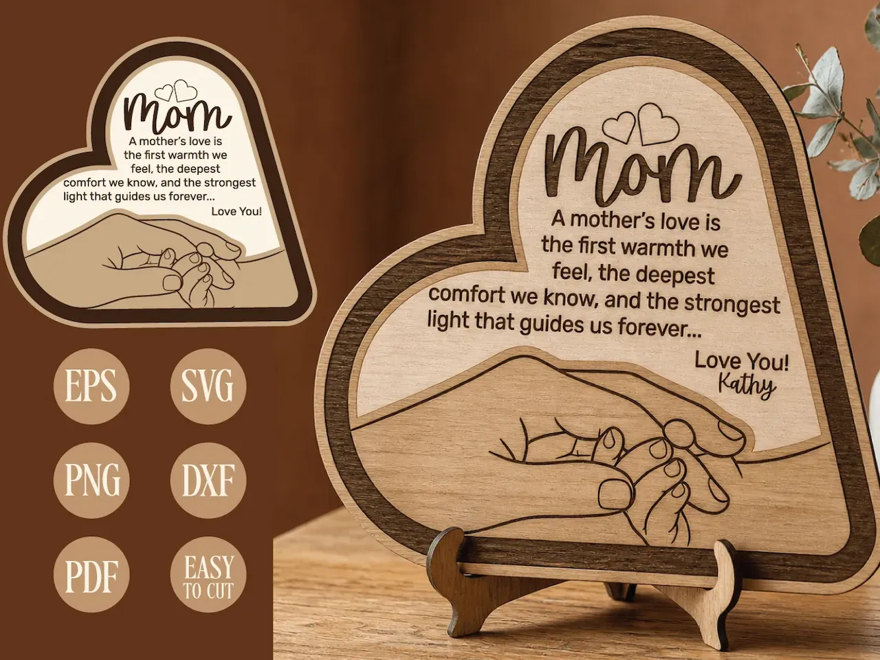 [Laser cut and engrave] Heart Shaped Mom Keepsake Plaque with Mother and Child Hand Illustration