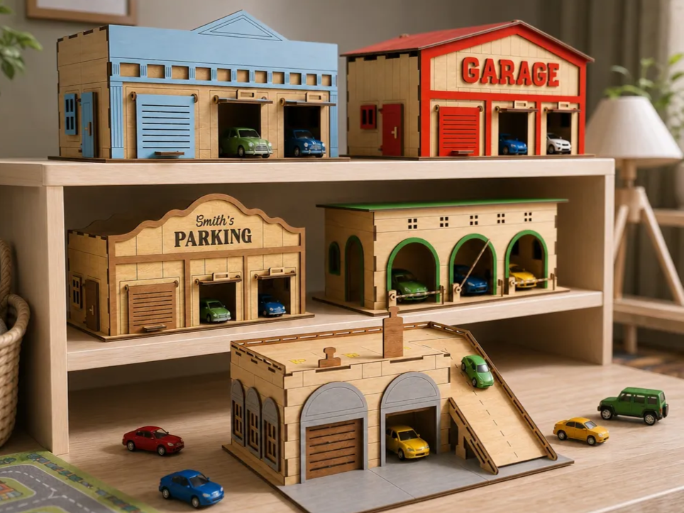 Miniature Wooden Toy Garage and Parking Structure Playset for Toy Cars Laser Cut Bundle. Kids Laser. Childrens Room Decor