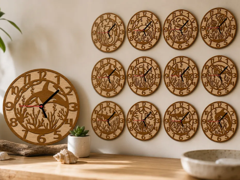 Round wooden wall clock with ocean sea life motif