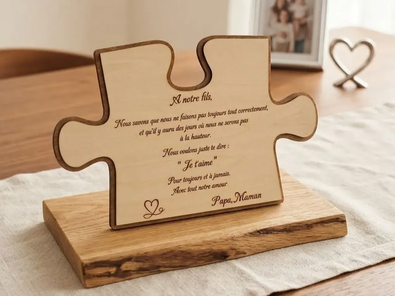 [Laser cut and engrave] Pièce de puzzle en bois avec message d'amour pour un fils