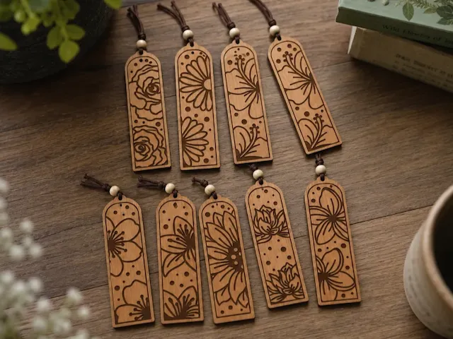 Floral Pattern Wooden Bookmarks with Tassels