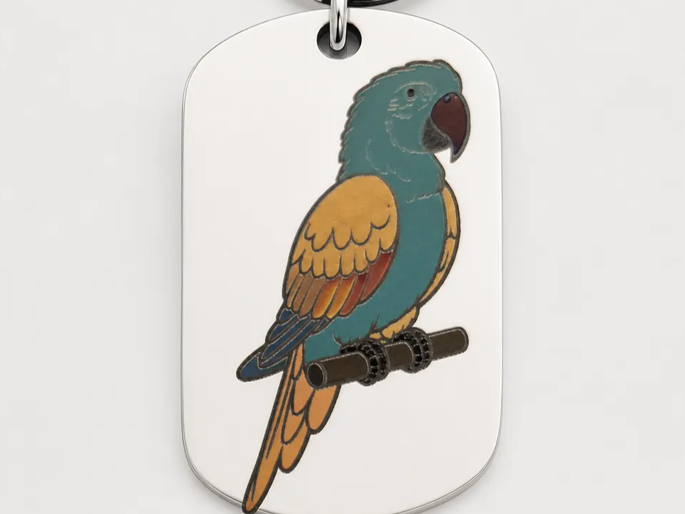 Silver Dog Tag Pendant Featuring a Colorful Parrot Illustration