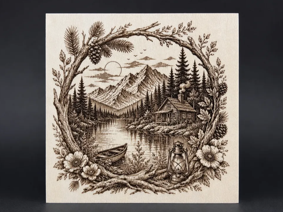 Mountain Lake Cabin Landscape Art Print with Floral Wreath Frame