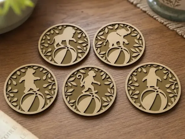 Circus Animal Themed Round Coasters with Lion Elephant Bear Monkey and Penguin