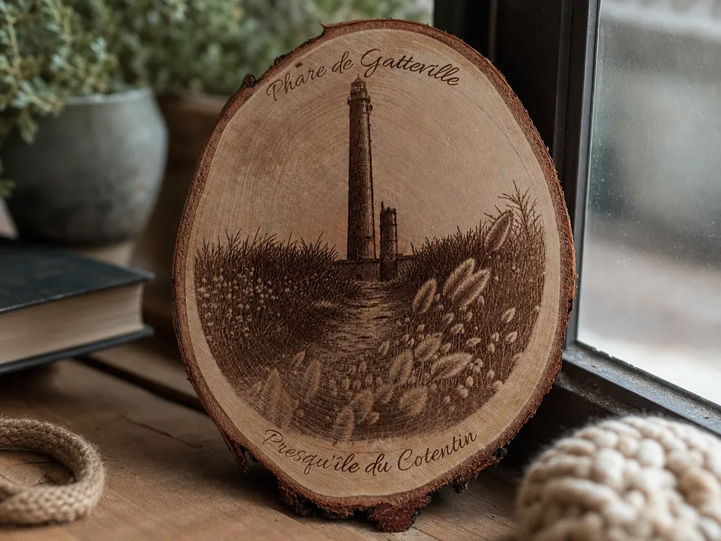 Tranche de bois de bouleau décorative avec illustration du phare de Gatteville