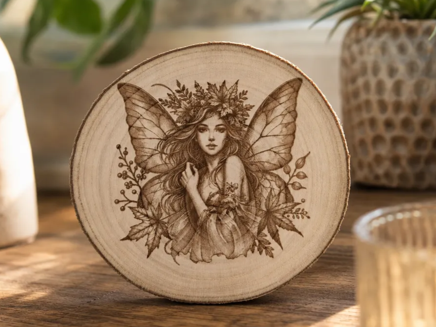 Rondin de pin avec illustration de fée forestière et feuillage