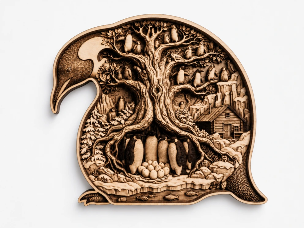 Penguin Shaped Wall Art Featuring a Winter Forest Scene with Penguins and Cabin