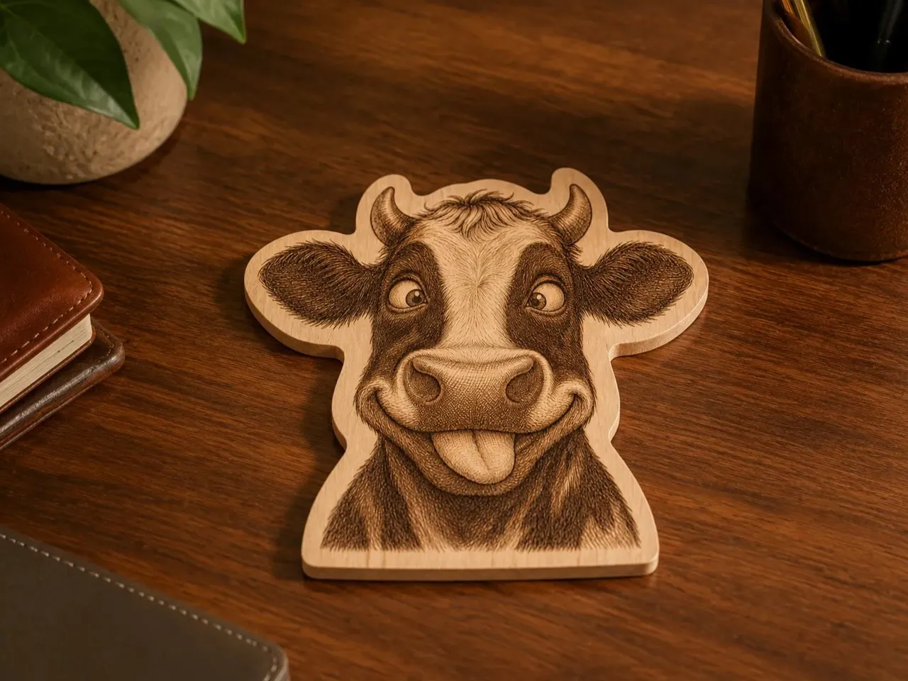 [Laser cut and engrave] Sous-verre en bois en forme de tête de vache souriante