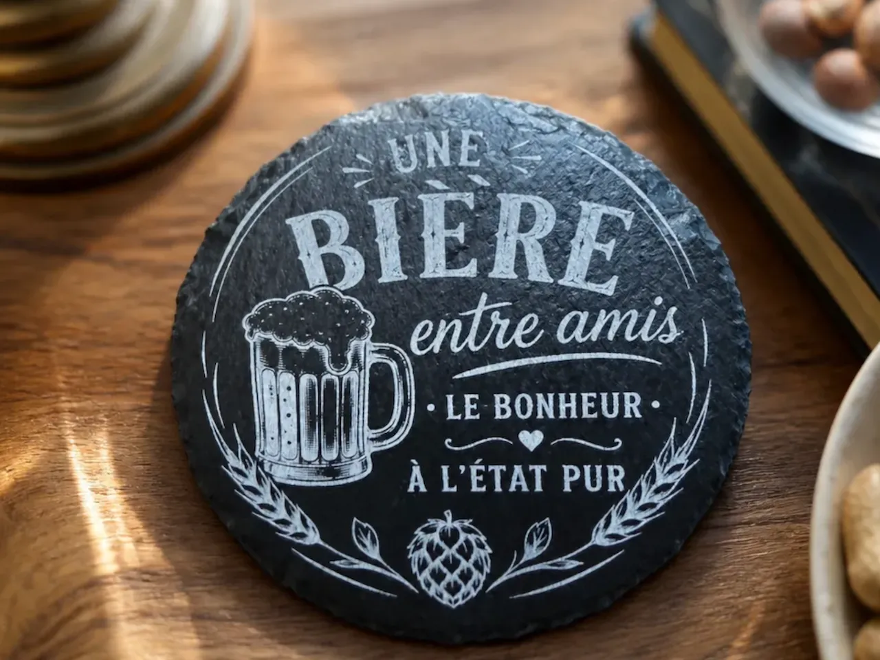 [Laser cut and engrave] Sous-verre en ardoise ronde avec inscription Une bière entre amis