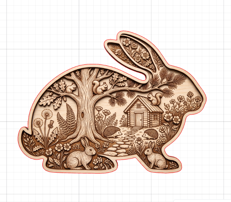 [Laser cut and engrave] Holz-Wandbild in Hasenform mit Waldmotiv und Tieren
