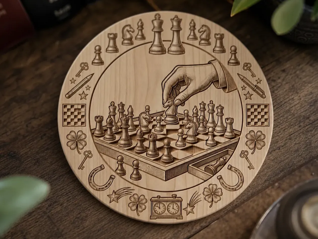 [Laser cut and engrave] Plateau décoratif rond en bois illustré avec une partie d'échecs