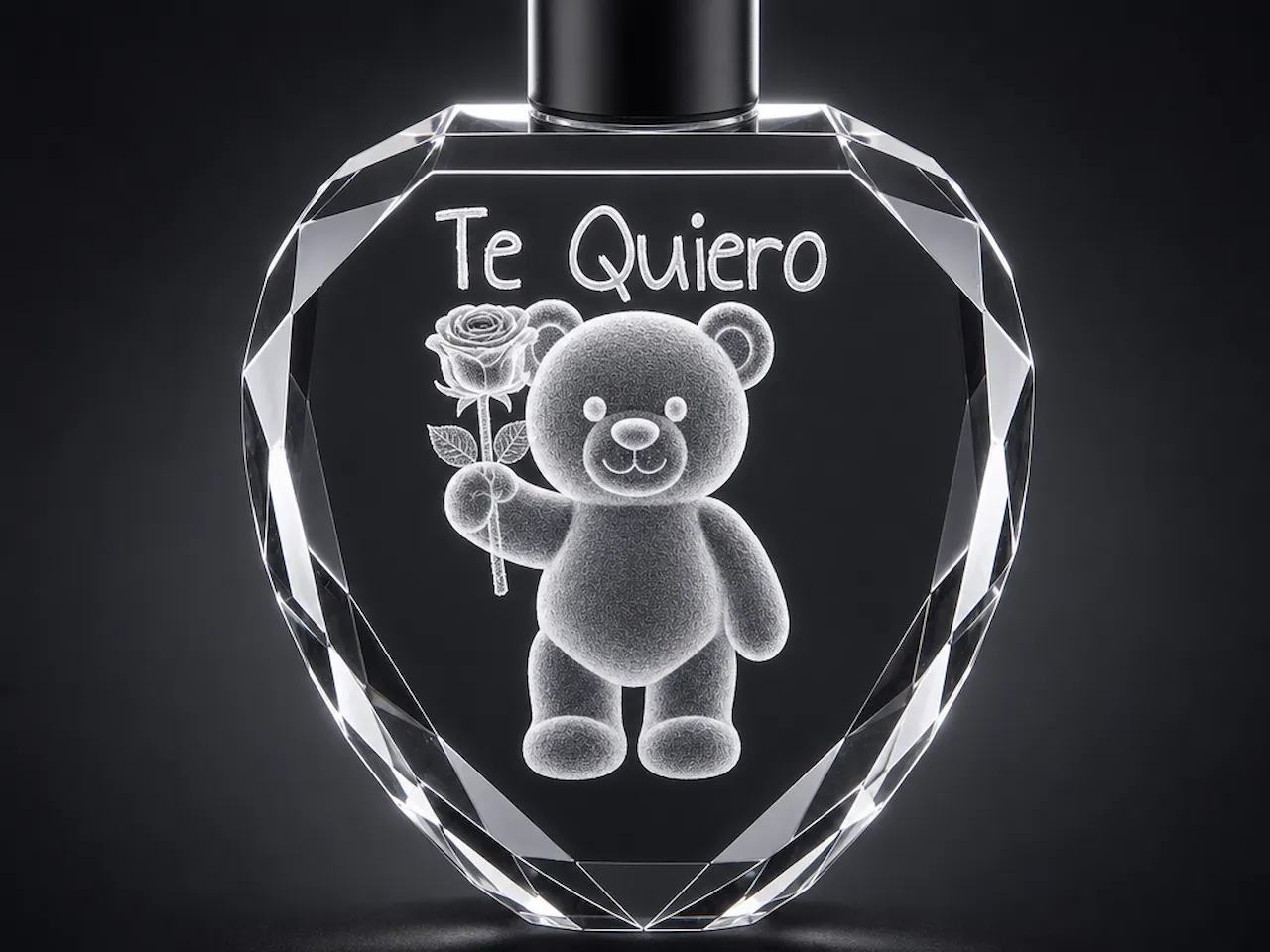 [Laser cut and engrave] Heart Shaped Crystal Keepsake with Teddy Bear and Te Quiero Text