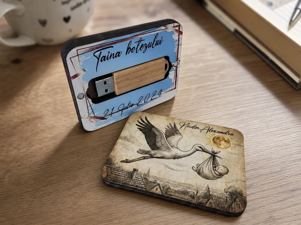 Wooden USB flash drive with personalized christening keepsake box