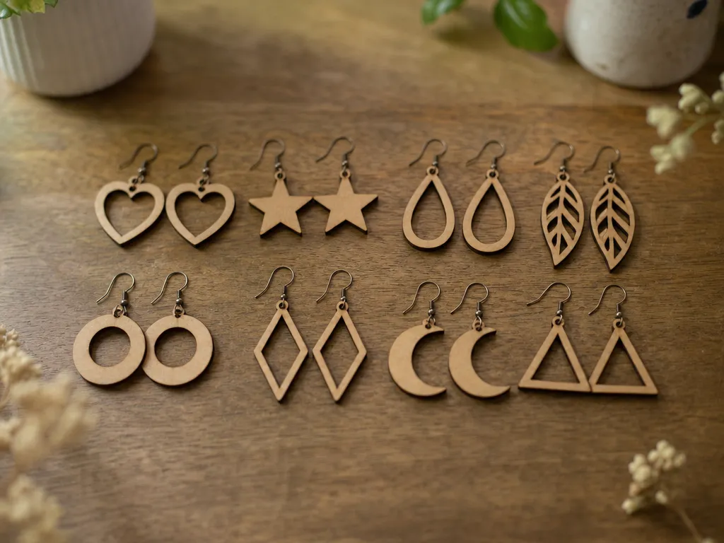 Assorted Geometric and Nature-Inspired Wooden Dangle Earrings