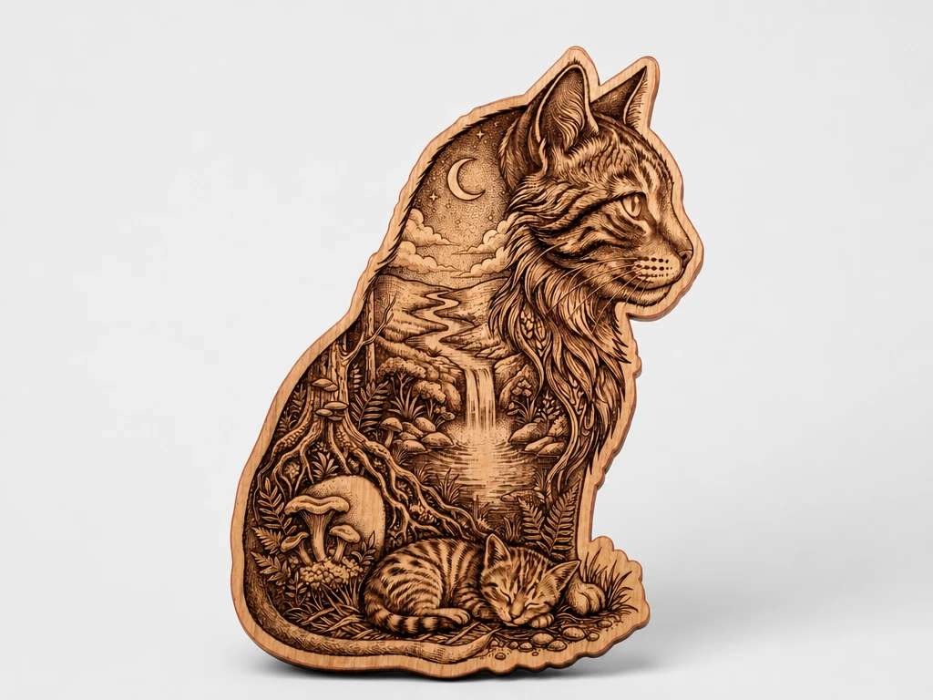 Cat Shaped Wall Art Featuring a Forest Landscape and Sleeping Kitten