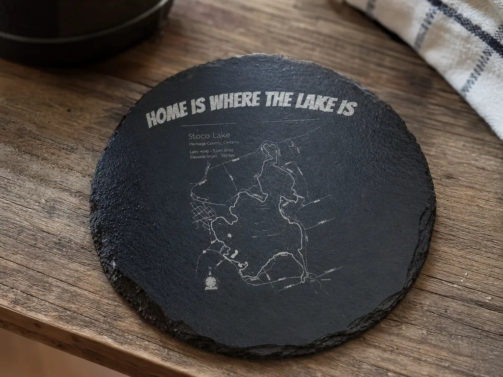 Round Slate Coaster with Stoco Lake Map and Home Is Where The Lake Is