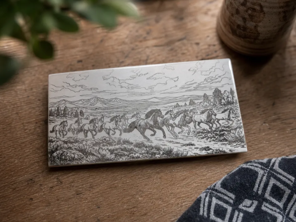 Ceramic Tile Featuring a Running Wild Horse Herd Landscape Illustration