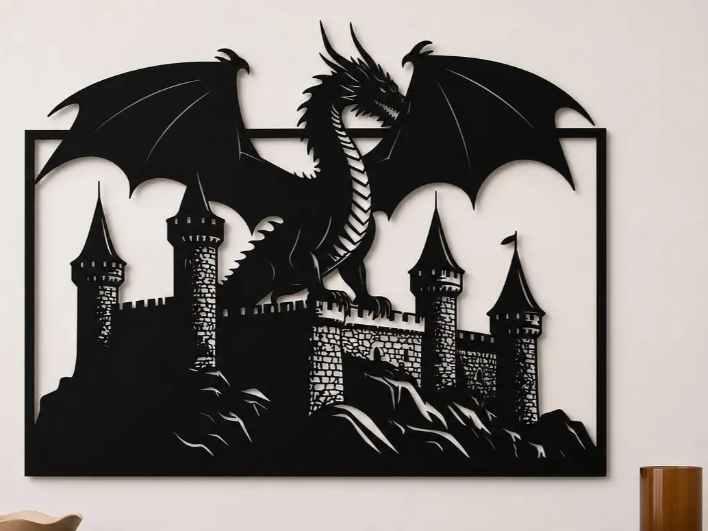 Dragon Castle Wall Art SVG | Fantasy Dragon Laser Cut Design | Medieval Castle Decor | Mythical Creature Wall Art | Digital Download