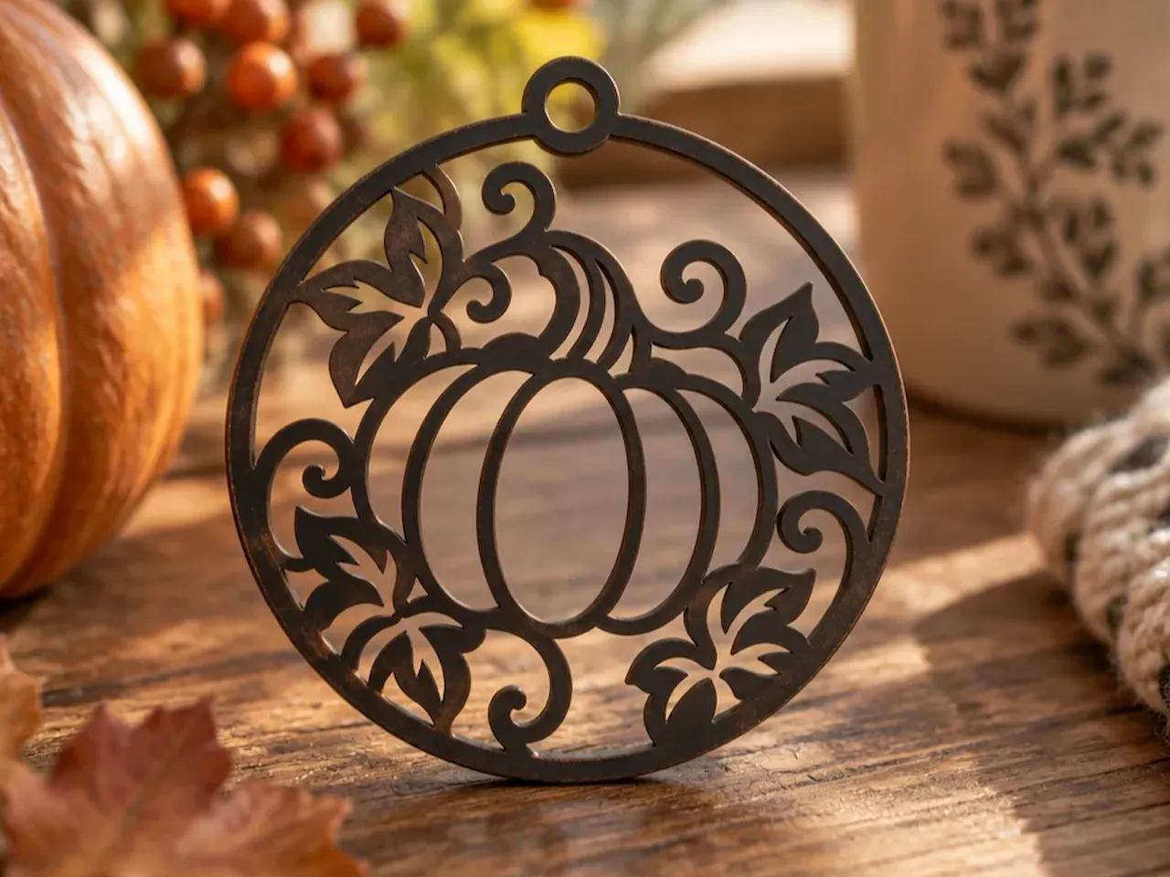 [Laser cut and engrave] Pumpkin and Leaf Cutout Hanging Ornament